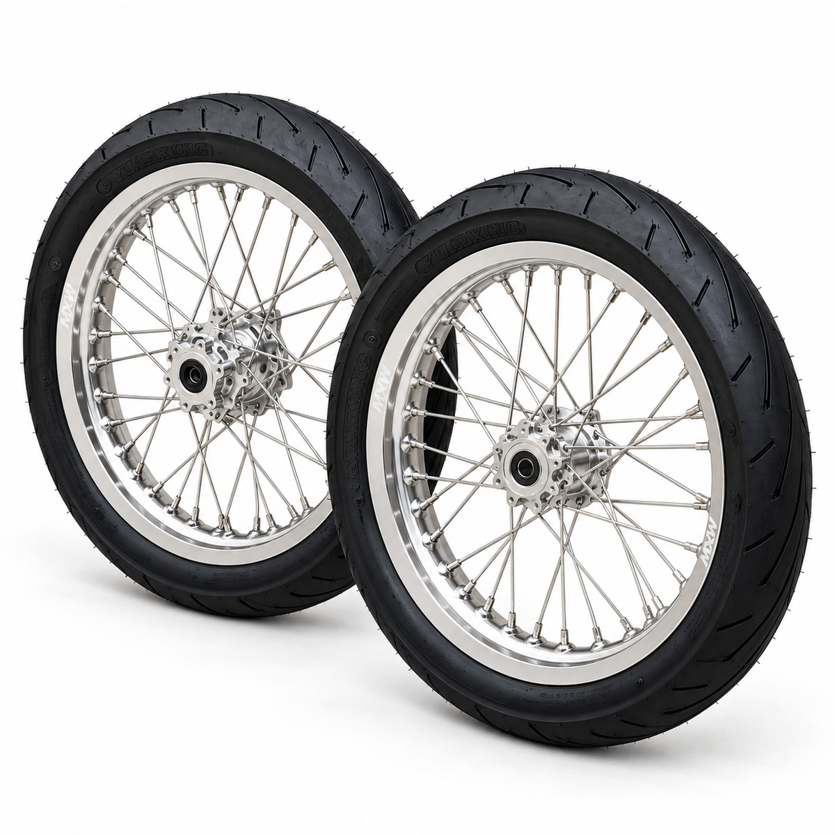 Chrome 17-inch front and rear supermoto wheels for Talaria XXX, MX3 and MX4, with polished hubs and black street tires on a white background