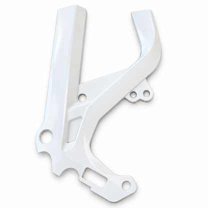 Arctic White Surron Light Bee X frame guards with a glossy white finish