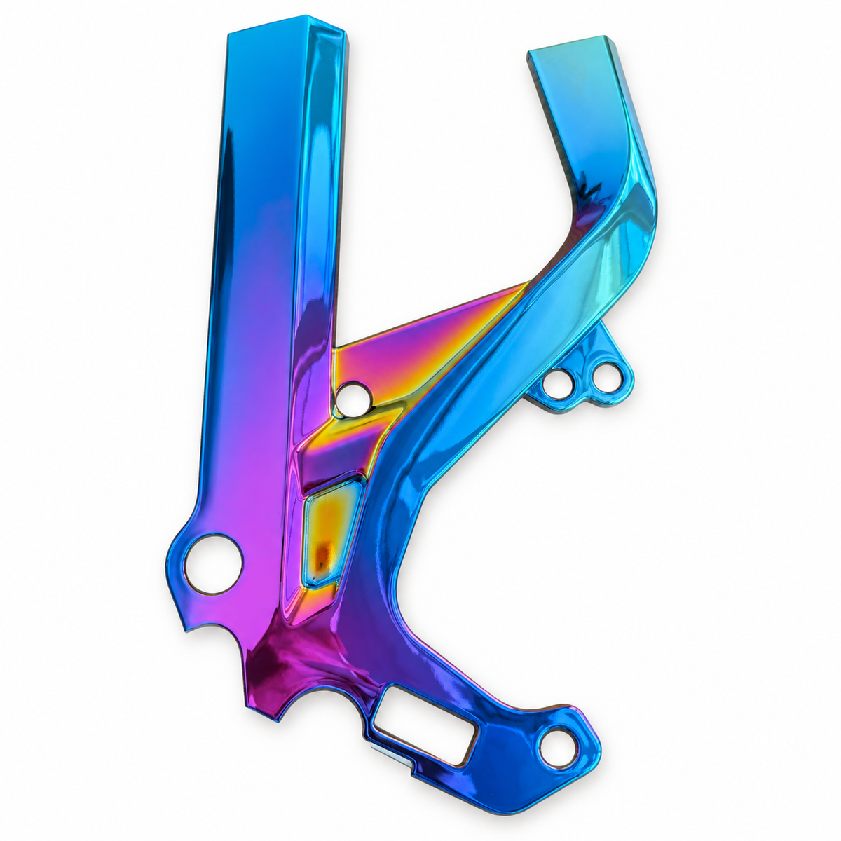 Prism Shift Surron Light Bee X frame guards with an iridescent blue, purple and gold finish