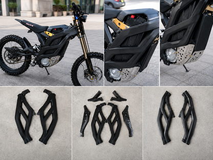 79Bike frame guard installation and close-up fitment views, with black guard components