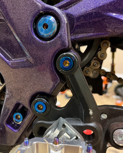 Close-up of titanium frame and body bolts installed on a purple Surron Light Bee X frame.