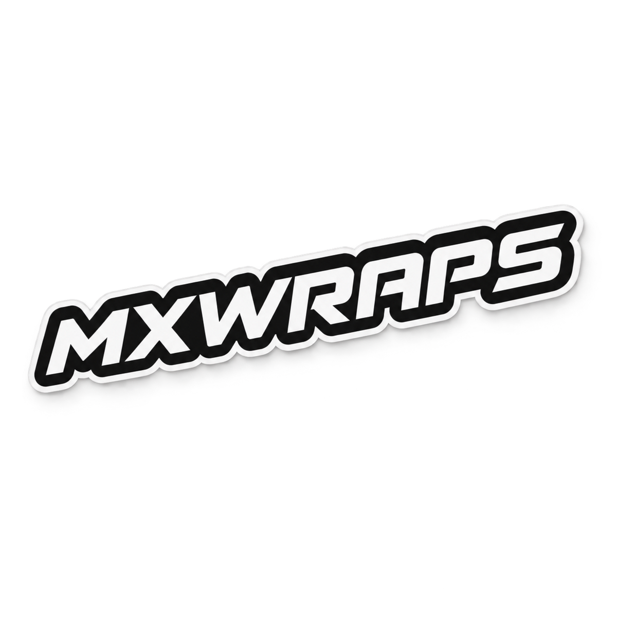 MXWraps wordmark logo sticker, angled view