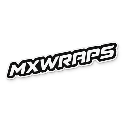 MXWraps wordmark logo sticker, angled view