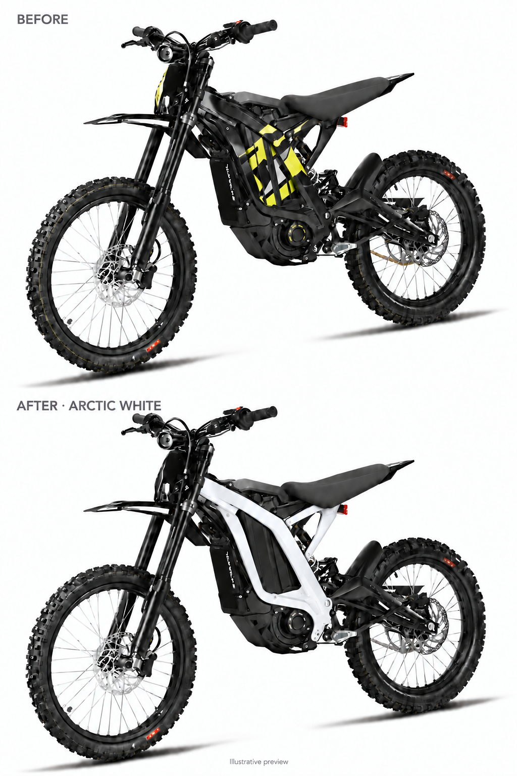 Arctic White Light Bee coated frame guards before and after comparison — illustrative preview