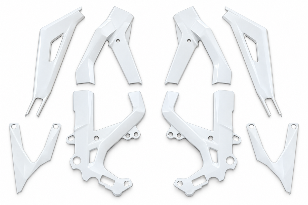 Arctic White Light Bee coated frame guards full set on white background