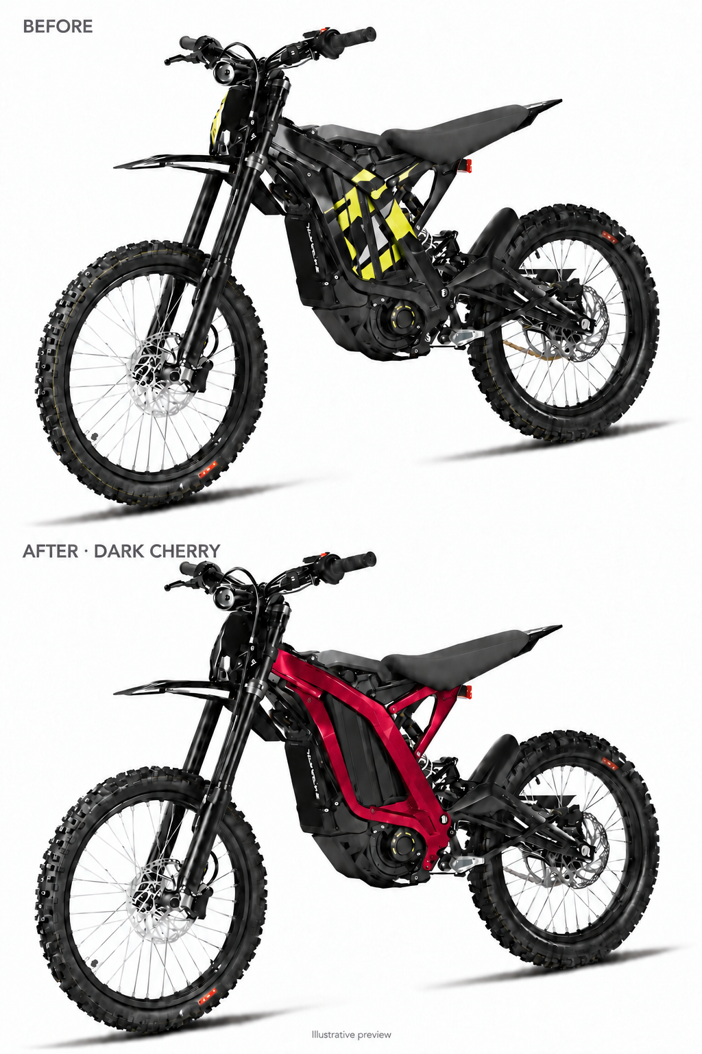Dark Cherry Light Bee coated frame guards before and after comparison — illustrative preview