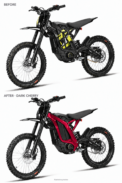 Dark Cherry Light Bee coated frame guards before and after comparison — illustrative preview