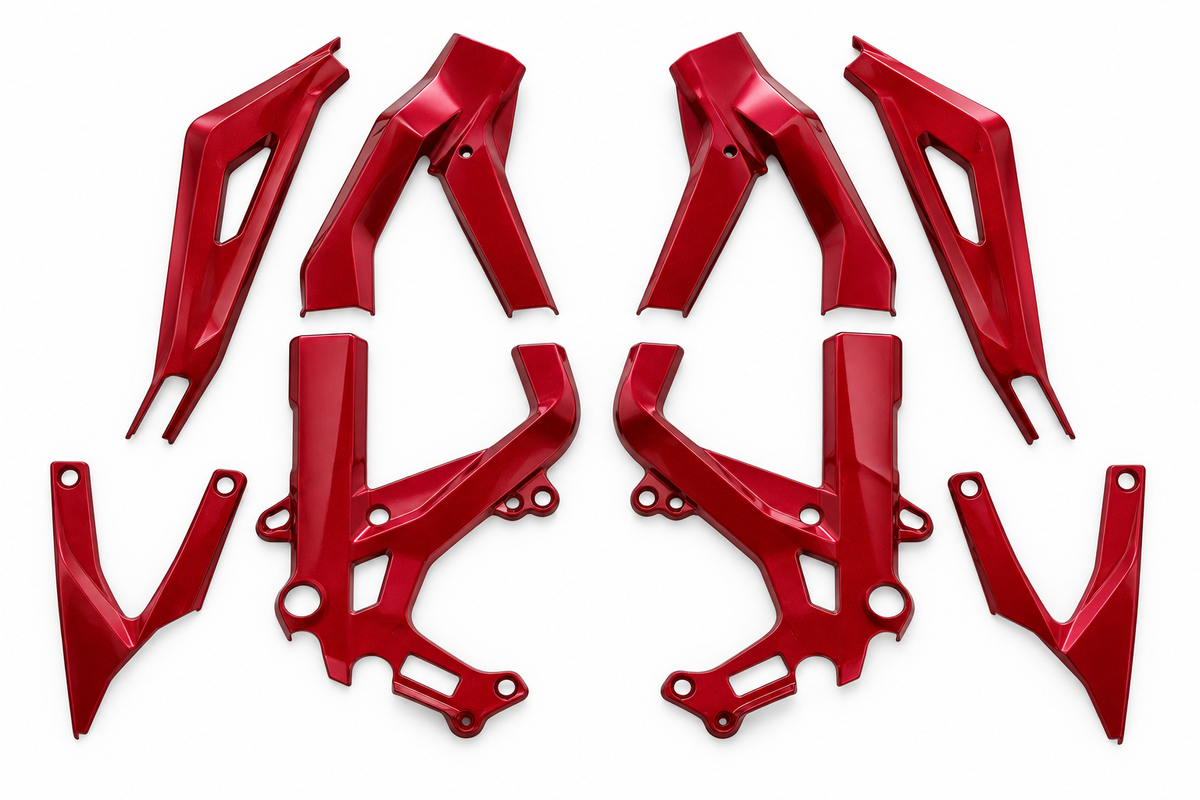 Dark Cherry Light Bee coated frame guards full set on white background