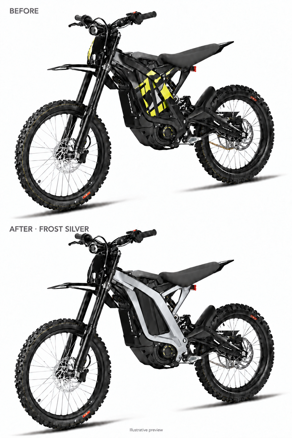 Frost Silver Light Bee coated frame guards before and after comparison — illustrative preview