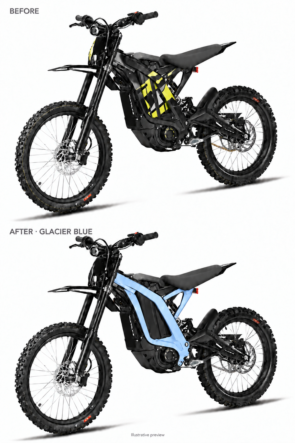 Glacier Blue Light Bee coated frame guards before and after comparison — illustrative preview