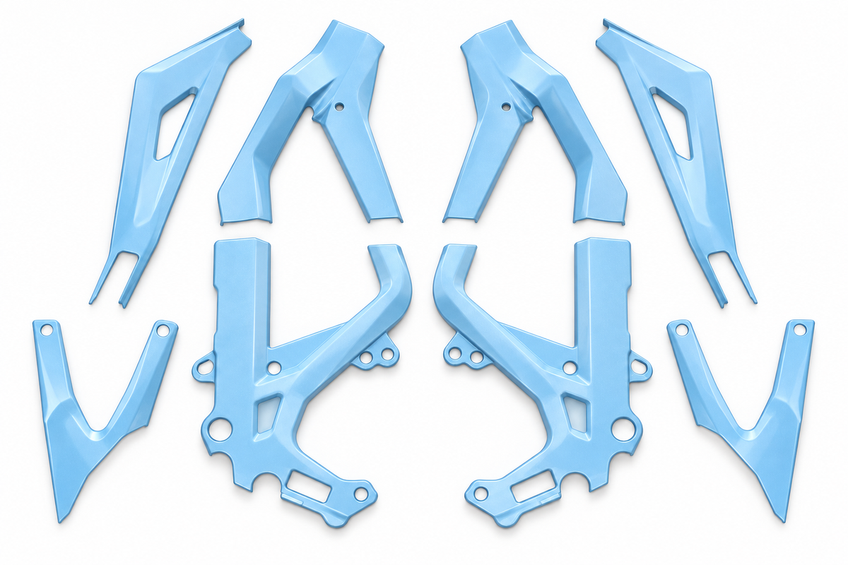 Glacier Blue Light Bee coated frame guards full set on white background