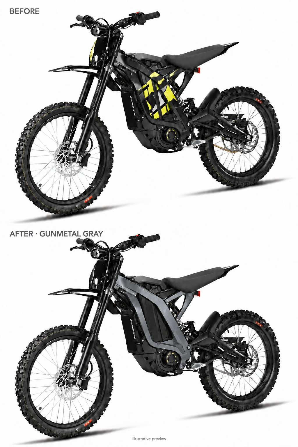 Gunmetal Gray Light Bee coated frame guards before and after comparison — illustrative preview