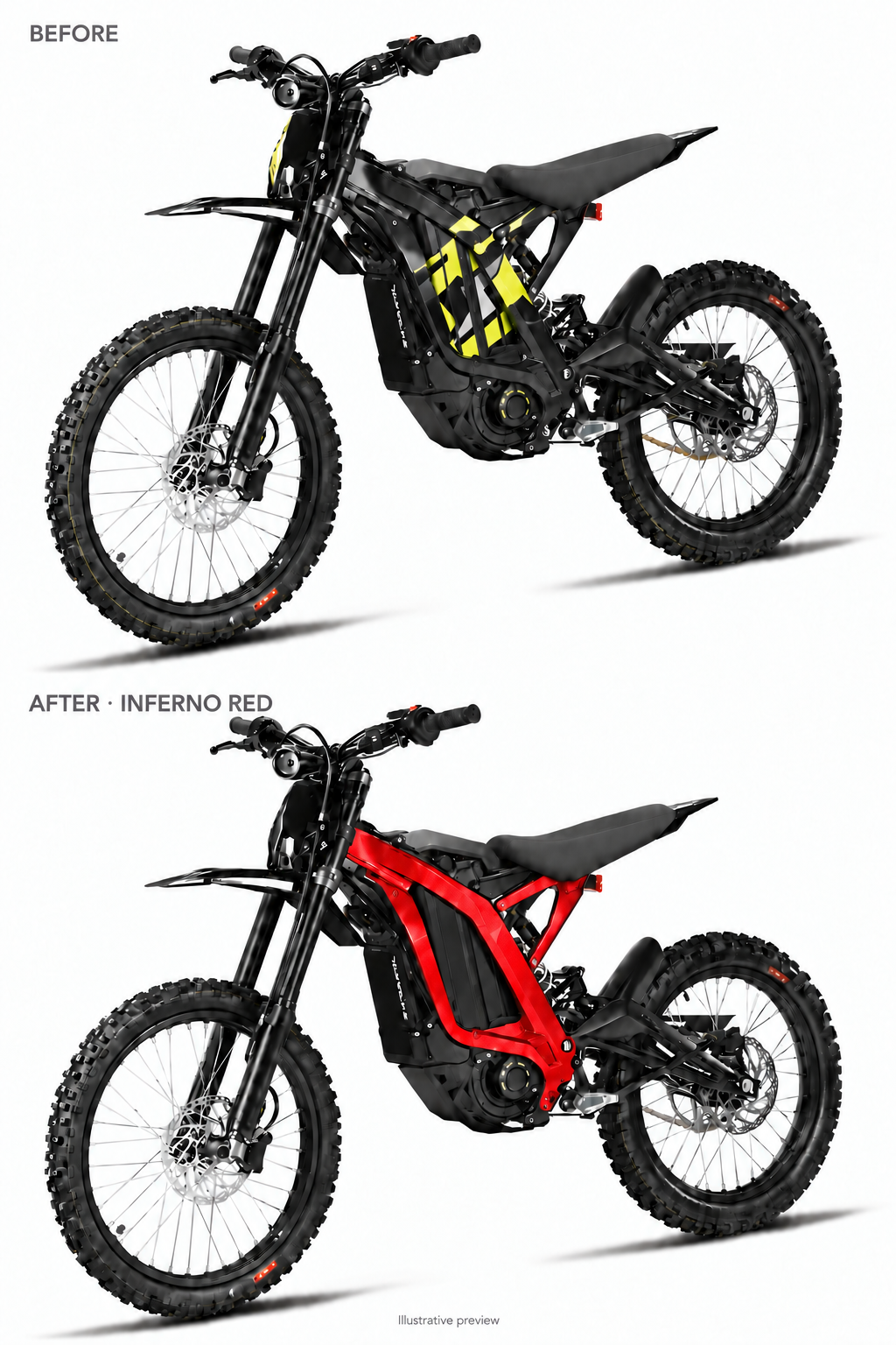 Inferno Red Light Bee coated frame guards before and after comparison — illustrative preview