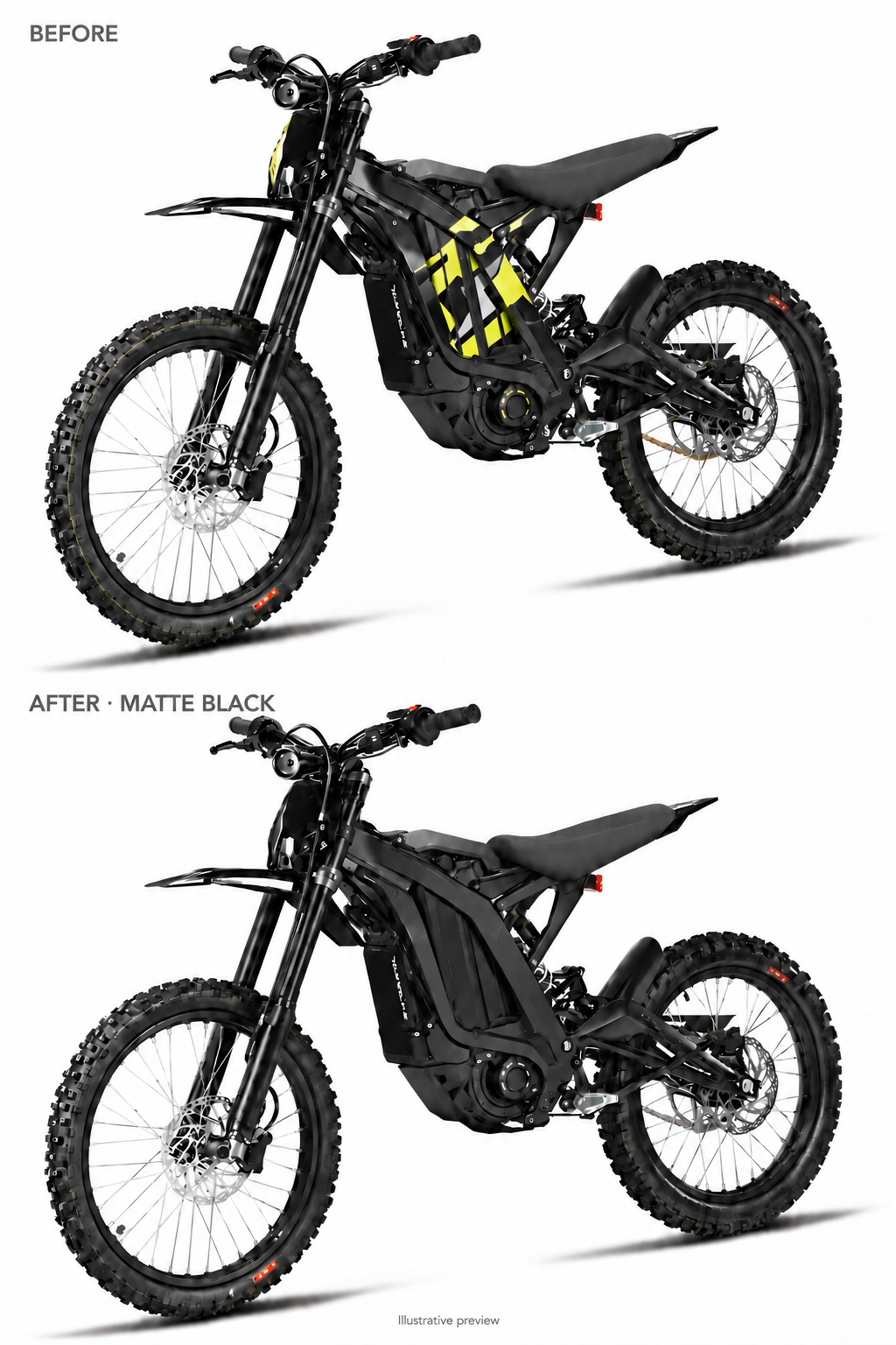 Matte Black Light Bee coated frame guards before and after comparison — illustrative preview