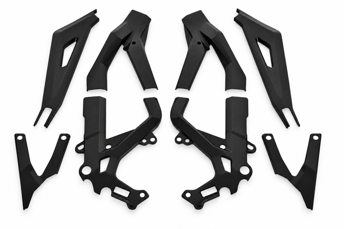 Matte Black Light Bee coated frame guards full set on white background