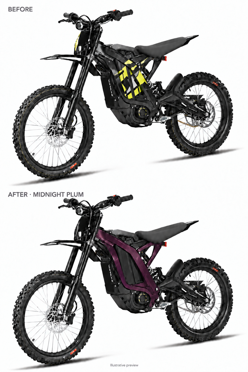 Midnight Plum Light Bee coated frame guards before and after comparison — illustrative preview