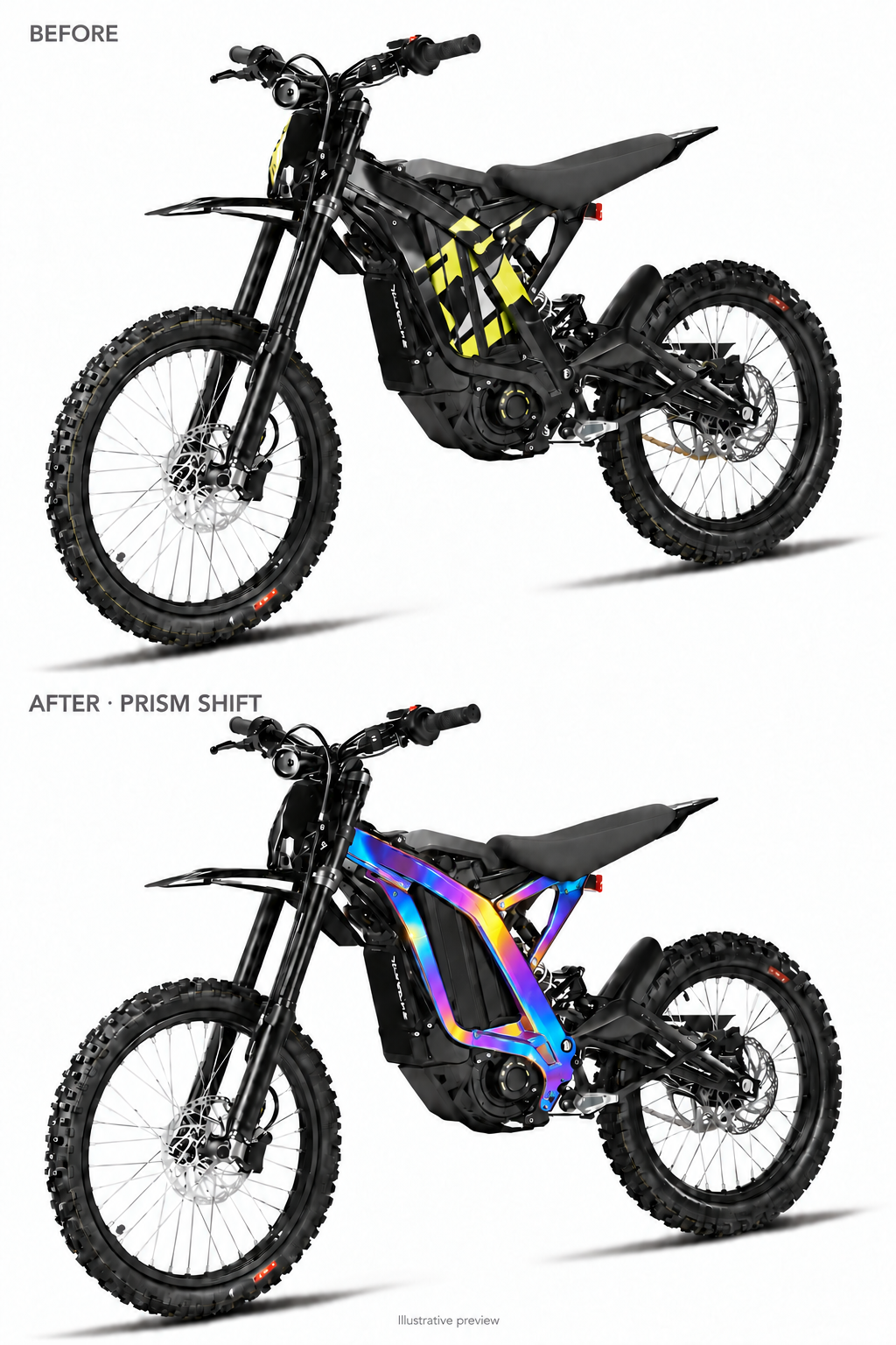Prism Shift Light Bee coated frame guards before and after comparison — illustrative preview