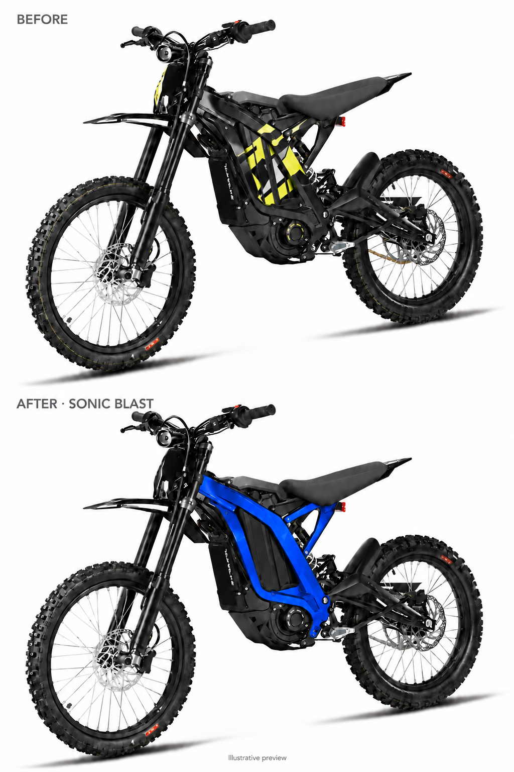 Sonic Blast Light Bee coated frame guards before and after comparison — illustrative preview