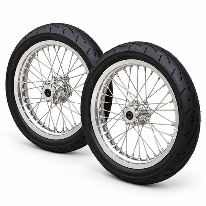 Chrome 17-inch front and rear supermoto wheels for Talaria XXX, MX3 and MX4, with polished hubs and black street tires on a white background